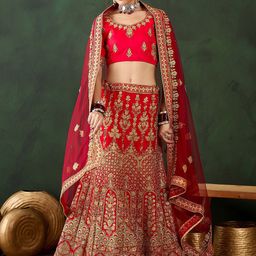 HERE&NOW Embroidered Zari Silk Semi-Stitched Lehenga & Unstitched Blouse With Dupatta-image-86