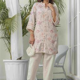 Sangria Floral Printed Mandarin Collar Linen Tunic With Trousers-image-46