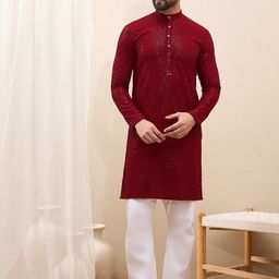 House of Pataudi Woven Design Mandarin Collar Sequinned Straight Kurta-picture-32