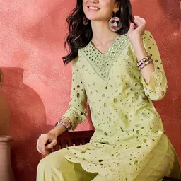 Sangria Women Schiffli Mirror Wok Pure Cotton Kurta With Trousers-picture-37
