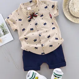 TinyBrezy Kids Printed Mandarin Collar Shirt With Shorts-10