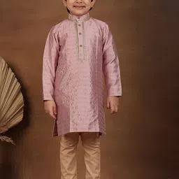 Superminis Boys Self Design Textured Regular Straight Zari Pure Silk Kurta Set image 5