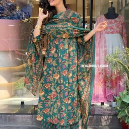 S.K.C Floral Printed Pleated Mirror Work V-Neck A-Line Kurta With Trouser & Dupatta-10