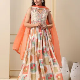 AARAAS Floral Printed and Embroidered Silk Maxi Ethnic Dress With Dupatta-picture-24
