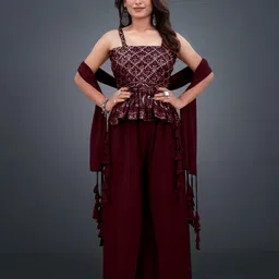 SANCIA Shoulder Straps Embroidered Georgette Ethnic Tunic With Palazzos & Dupatta-picture-3