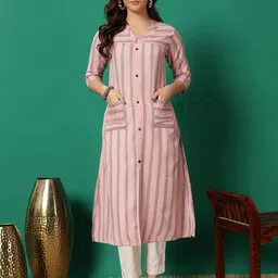 HEARTLOOM Women Striped V-Neck Straight Cotton Kurtas-picture-24