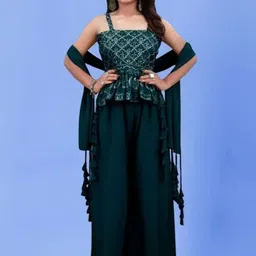 PARROT CREATION Ethnic Motifs Embroidered Georgette A-Line Kurti With Palazzo And Dupatta-image-80