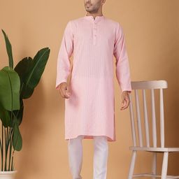 FABRIC FITOOR Striped Band Collar Long Sleeves Pure Cotton Straight Kurta-picture-58