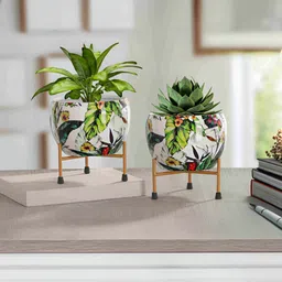 Homspurts 2-Pcs White & Green Textured Metal Planters-8