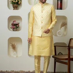 Dulha Ghar Floral Embroidered Raw Silk Straight Kurta With Pyjamas & Nehru Jacket-image-61