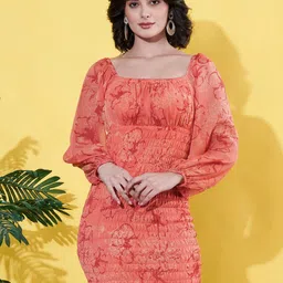 ANVI Be Yourself Floral Print Puff Sleeve Chiffon Bodycon Mini Dress-image-76