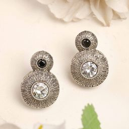 KARATCART Silver-Plated Oxidised Kundan Stone Studded Engraved Tribal Drop Earrings-14