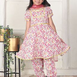 Cutiekins Girls Floral Printed Round Neck Gotta Patti A-Line Kurta With Trousers & Dupatta-picture-32