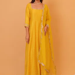 Alaya By Stage3 Square Neck Thread Work Pure Cotton A-Line Ethnic Dresses With Dupatta-9