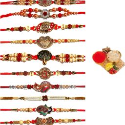 Designer RAKHI0491 Gold Finish, Mauli Thread, Kundan, Zardosi Rakhi, Chawal Roli Pack Set-image-14