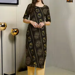 HERE&NOW Selection Of 2 Ethnic Motifs Printed Round Neck Straight Kurta With Trousers-picture-5