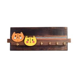 AAKRITI ART CREATIONS Brown & Yellow Wood Meow Key Hanger With Cat Motifs-image-51