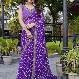 Nirmohi Fashion Women Purple Leheriya Embroidered Pure Georgette Saree-picture-16