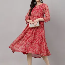 Janasya Women's Dark Pink Chiffon Lurex Floral Printed Flared Dress-image-72
