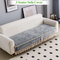 HOKIPO Grey & Off White Self Design Premium Dutch Velvet Anti Slip 3 Seater Sofa Cover-image-24