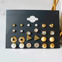 PolluxCraft Set of 12 Gold-Plated Stones Studded And Beaded Circular Shaped Korean Studs-58