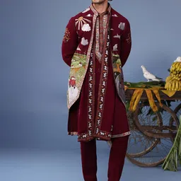 KALPRAAG Men Floral Embroidered Regular Sequinned Kurta with Trousers & With Dupatta-image-52