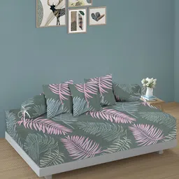 Aura Set of 6 Green Leaf Printed Superfine Diwan Set-11