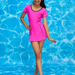 LYCOT Girl Round Neck Short Sleeves Swim Dress With Attached Shorts-image-21