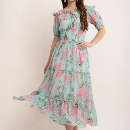 Bright Nex Floral Print Off-Shoulder Puff Sleeve Georgette Fit & Flare Maxi Dress-image-45