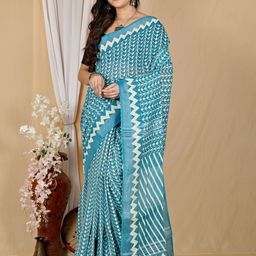 PuJoy Batik Zari Pure Cotton Taant Saree-image-17