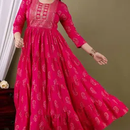 RAINDROP Women's Embroidered Ethnic Motifs Yoke Design Sequinned Ethnic Dress-13