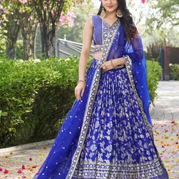 FABPIXEL Embroidered Sequinned Silk Semi-Stitched Lehenga & Unstitched Blouse With Dupatta-picture-44