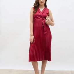 Styli Women Tie-Ups Detail Lapel Collar Pleated Wrap Dress-image-58