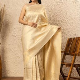 CaniBani Cream Silk Blend Banarasi Sarees-image-105