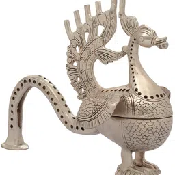 Exotic India Silver-Toned Textured Brass Peacock-Breast Incense Vessel-26