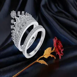 DIVASTRI Set Of 2 Silver Plated Stone Studded Crown Couple Finger Rings With Rose-4