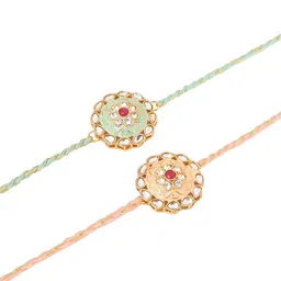 NVR Set Of 2 Kundan Studded Round Shaped Rakhi with Roli Chawal Chandan & Mishri image 2