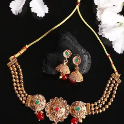 Anouk Gold-Plated And Red Artificial Stones Studded & Beaded Necklace And Earrings-31
