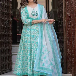 Mizaz Floral Printed Thread Work Anarkali Pure Cotton Kurta With Trousers And Dupatta-23