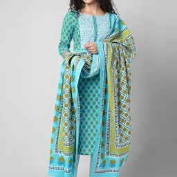 HERE&NOW Women Floral Printed Pure Cotton Kurta with Palazzos & Dupatta-image-71