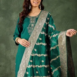 VredeVogel Women Woven Design Embroidered Kurta with Trousers & Dupatta image 2