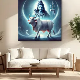 999Store Blue & Black Shiva And Nandi Printed Canvas Wall Art-16