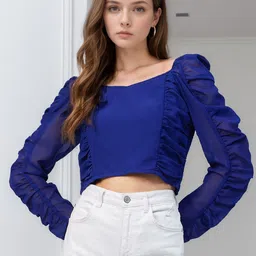 ZYNG Sweetheart Neck Puff Sleeve Georgette Crop Top-picture-40