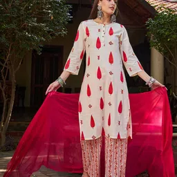 Shae by SASSAFRAS Floral Printed Round Neck Pure Cotton Kurta With Palazzos & Dupatta-21