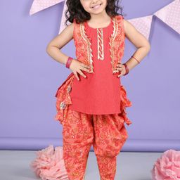 Here&Now X Kinder Kids Girls Striped Gotta Patti Cotton Kurti with Dhoti Pant & Jacket-image-60