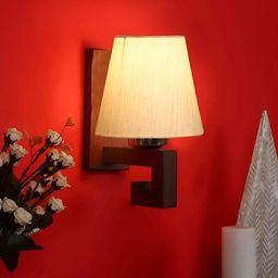 Devansh Off White & Brown Wood Traditional Frustum Shaped Wall Lamp-picture-5