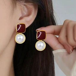 DressBerry Women Gold-Plated Red Contemporary Drop Earrings-picture-1