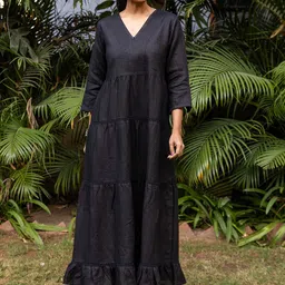INAAYA JAIPUR Slit Sleeve Linen Fit & Flare Maxi Dress-image-39