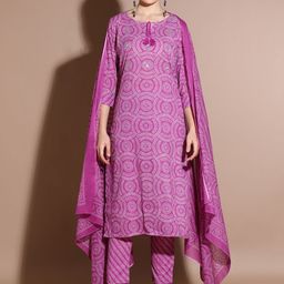 Anouk Purple Floral Printed Sequinned Pure Cotton Straight Kurta With Trouser & Dupatta-57