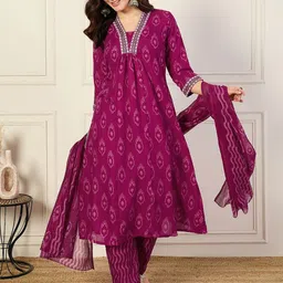 Kiana House Of Fashion Ethnic Motifs Printed Pure Cotton Kurta With Trousers & Dupatta-picture-43